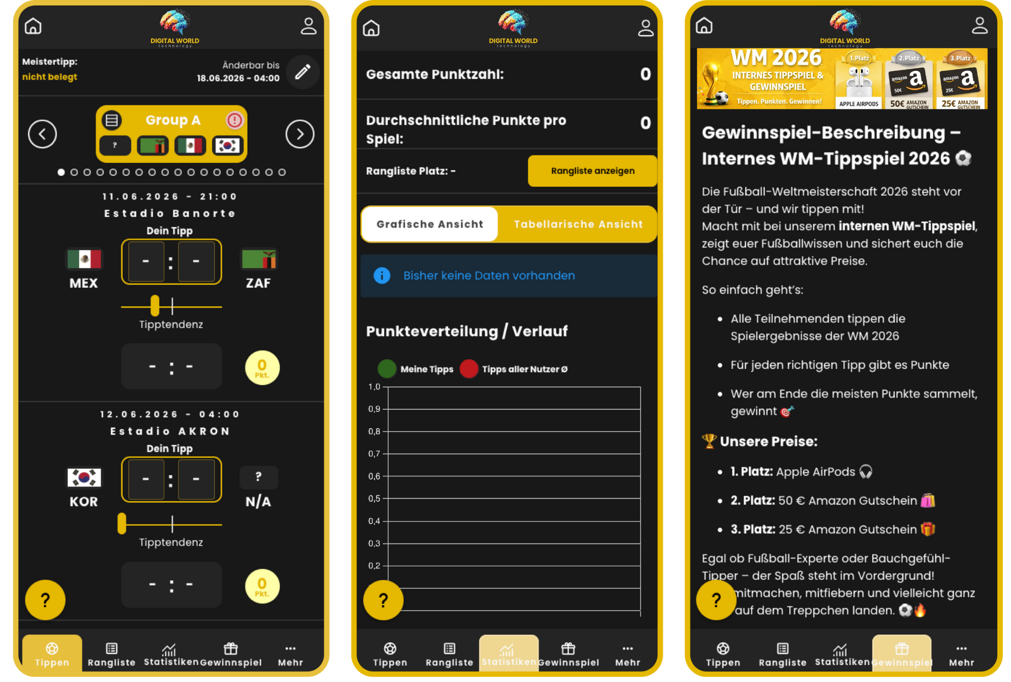 app tippspiel für Unternehmen Weltmeisterschaft 2026 Gewinnspiel tippen Dashboard