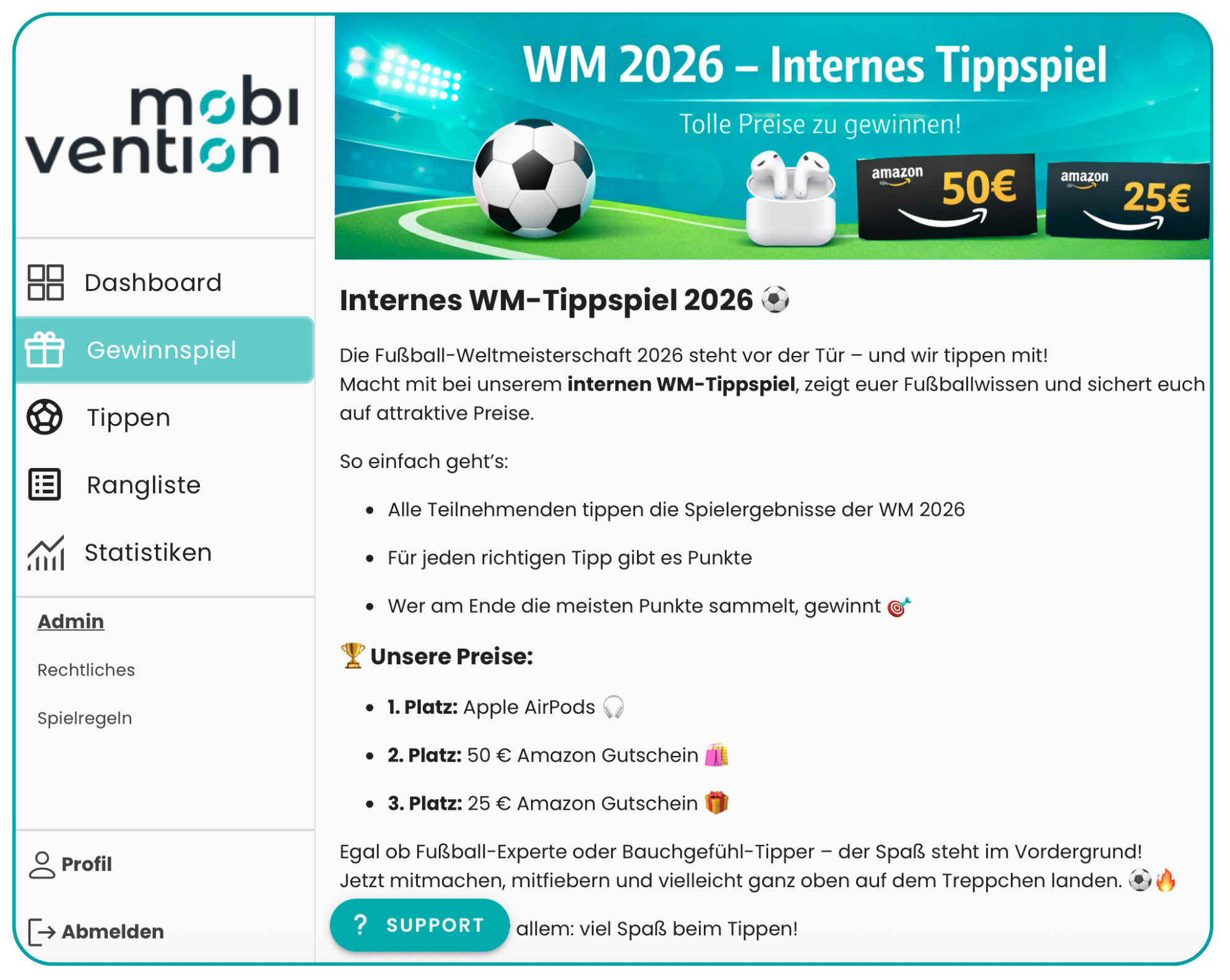 tippspiel für Unternehmen Fußball WM 2026 mit Gewinnspiel