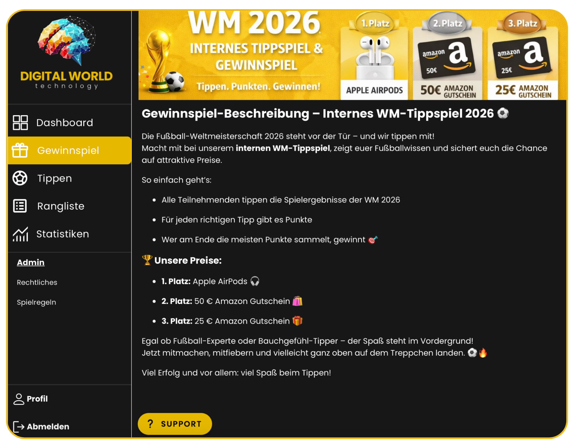 gewinnspiel in der App Tippspiel für Unternehmen Preise, Teilnahme und Statusübersicht